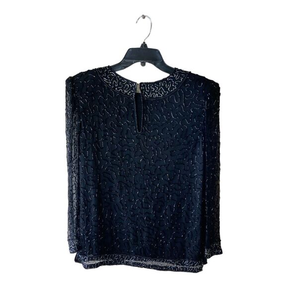 Sweelo Vintage 100% Natural Silk Black Iridescent Beaded Blouse Size Small - Picture 14 of 14